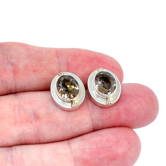 Vintage Sterling Silver 925 Brown Faceted Smoky Quartz Stud Earrings - Picture 1 of 9